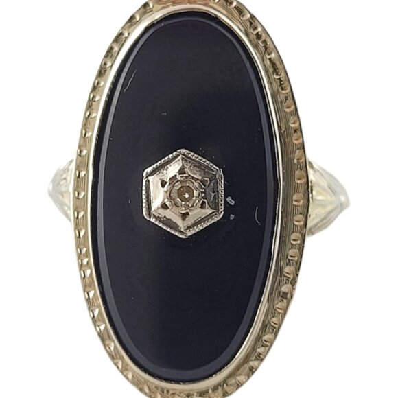 14K White Gold Black Onyx Diamond Ring Size 4.75-5 #16945